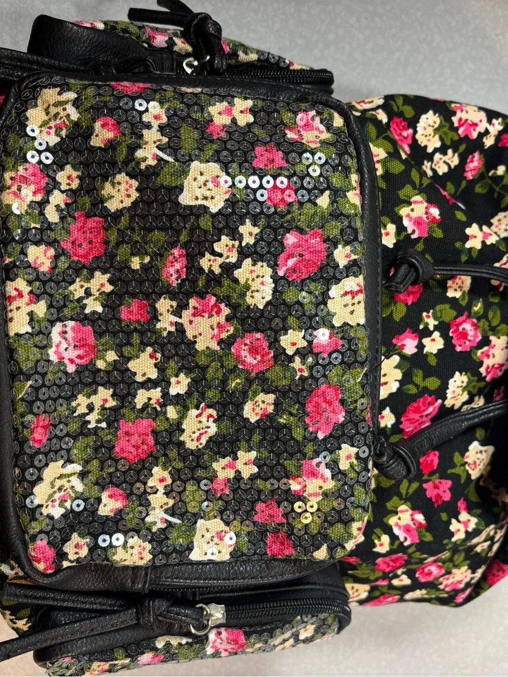 Candie's Black Floral Sequin Backpack with Pink & Cream Accents